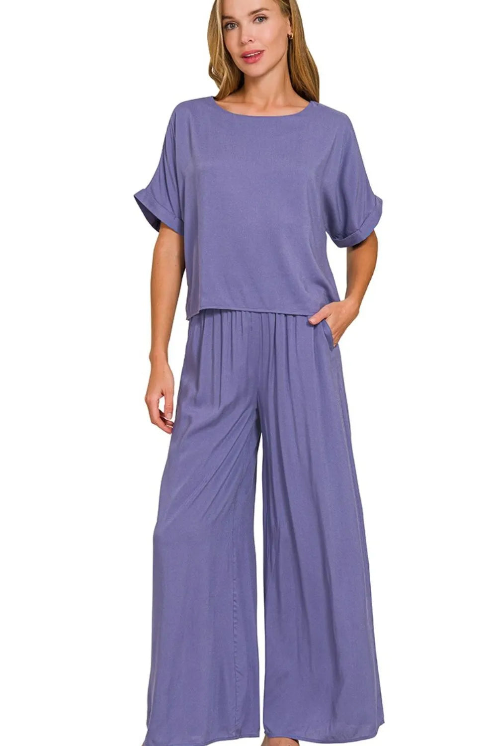 Zenana Round Neck T-Shirt and Wide Leg Pants Set MARLIN OutfitFlow