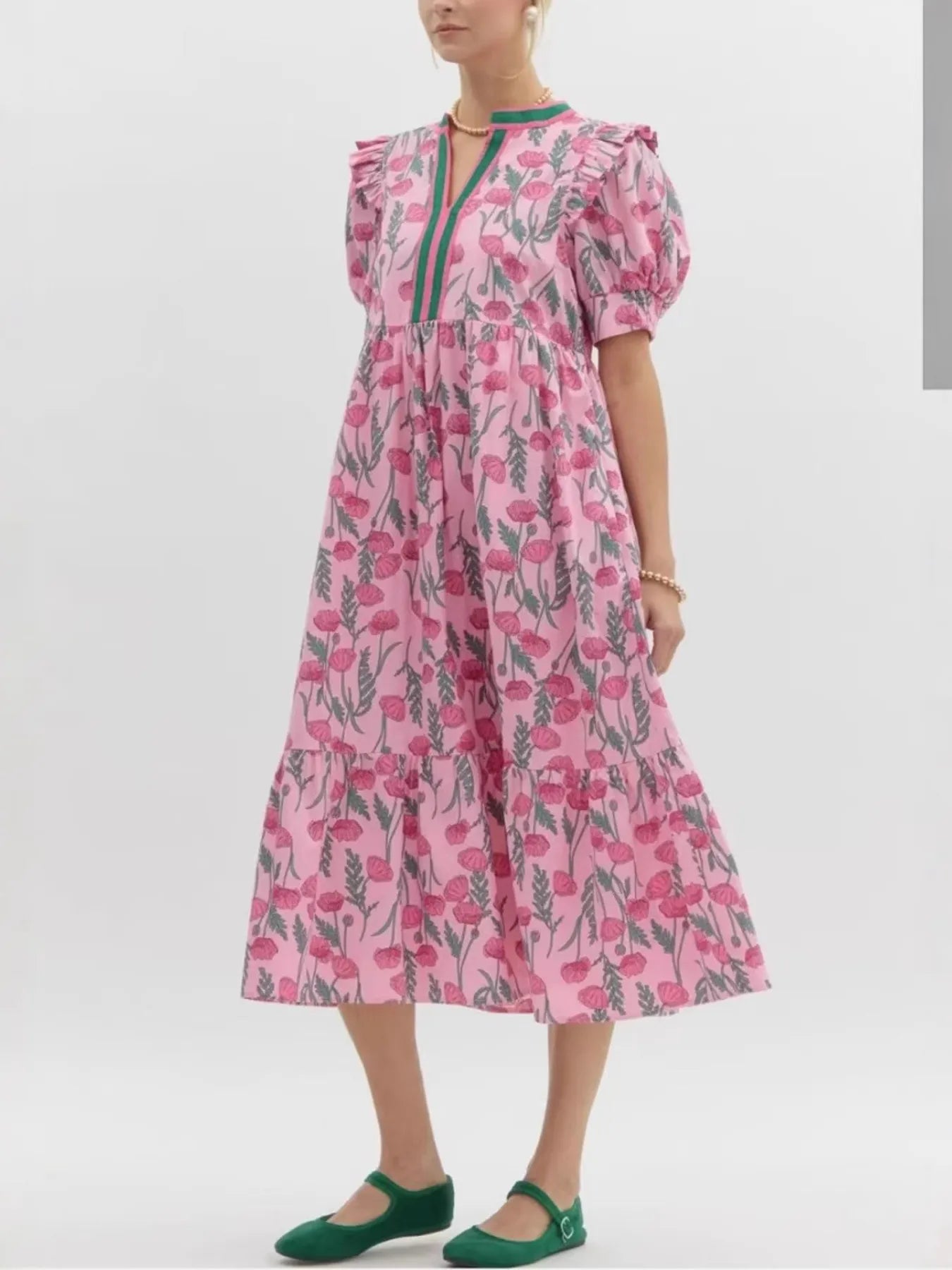 Floral Puff Sleeve Midi Dress with Contrast Trim OutfitFlow
