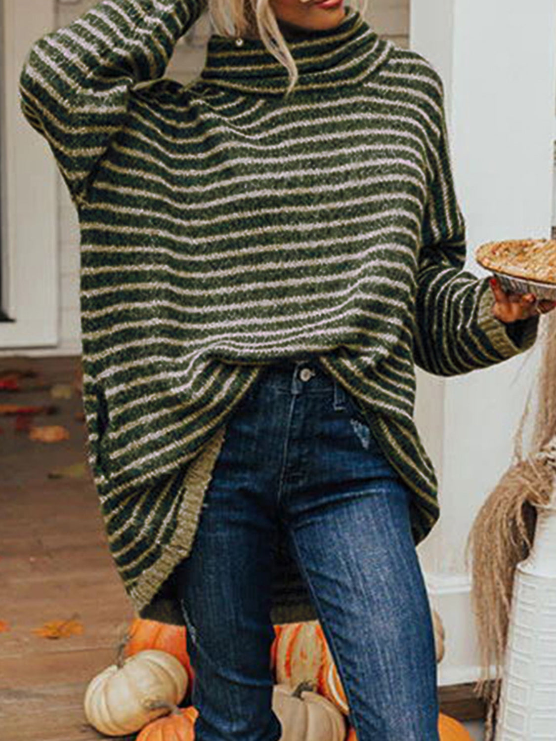 Striped Turtleneck Sweater with Pockets OutfitFlow