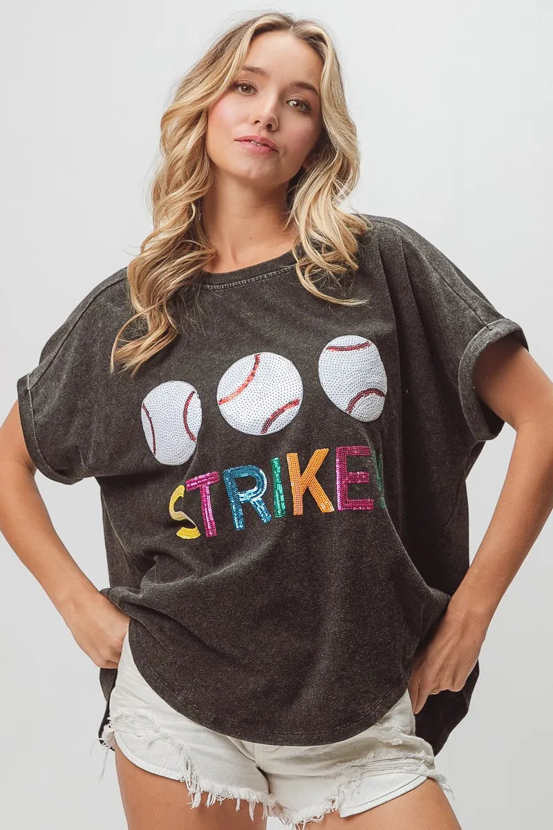 BiBi Sequin Baseballs Strike Washed Short Sleeve Top OutfitFlow