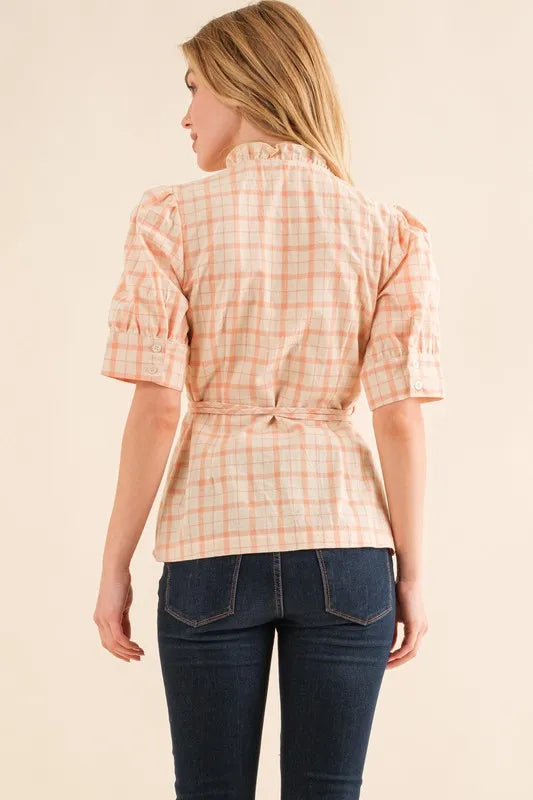 And The Why Plaid Patterned and Ruffled Wrap Blouse Top OutfitFlow