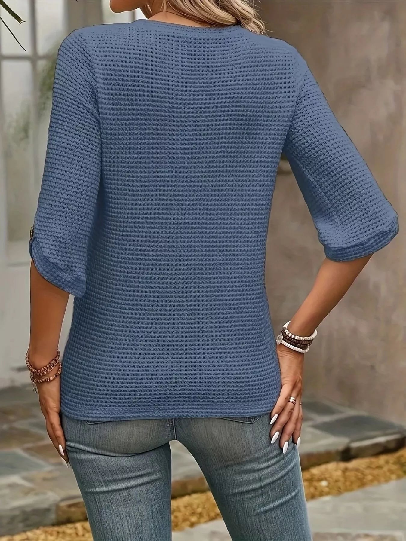 Waffle-Knit Round Neck Knit Top OutfitFlow