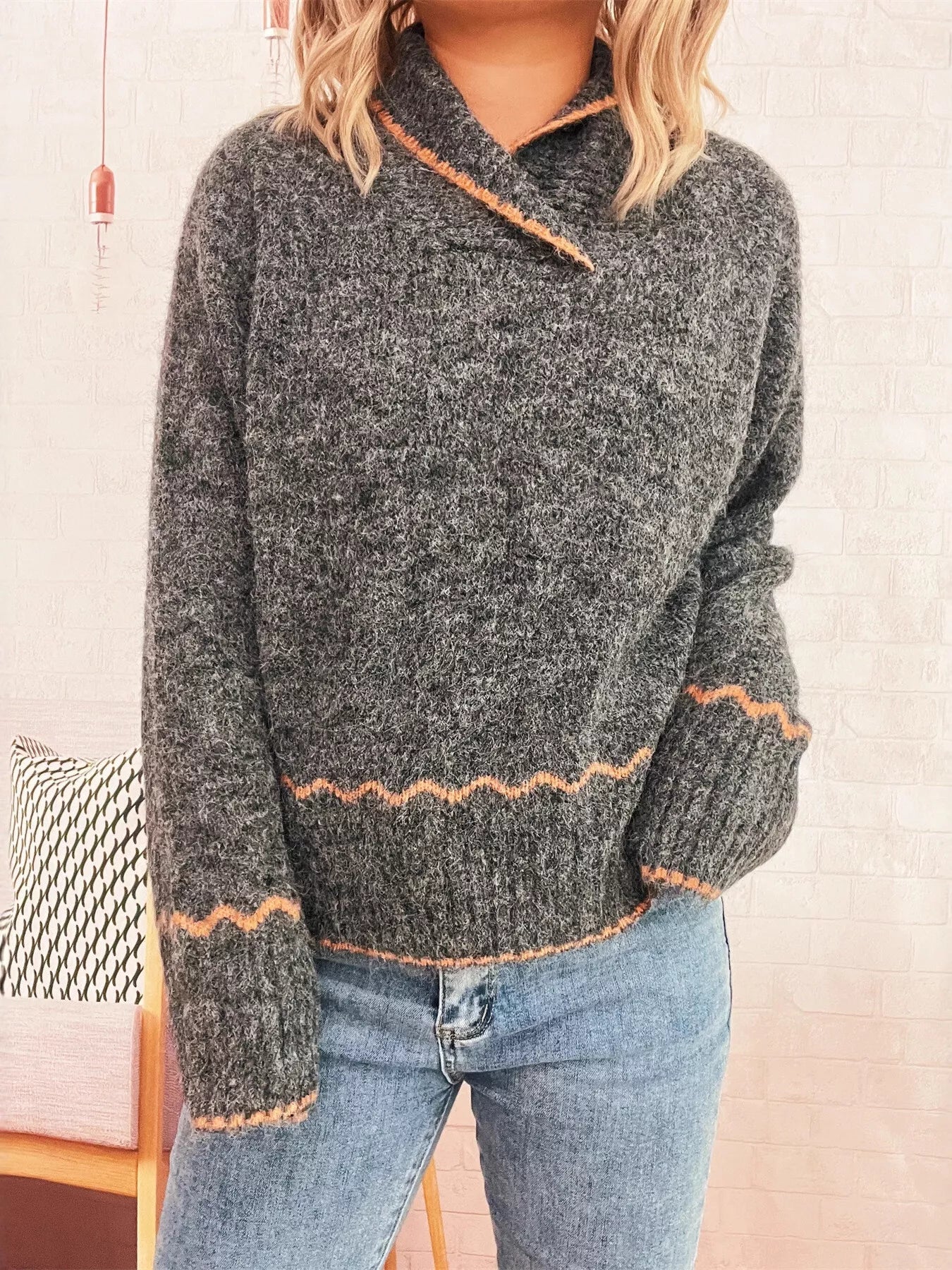 Ribbed Contrast Trim Long Sleeve Sweater Dark Gray One Size OutfitFlow