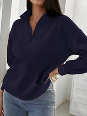 Zip-Up Collar Sweatshirt with Pocket Dark Blue OutfitFlow