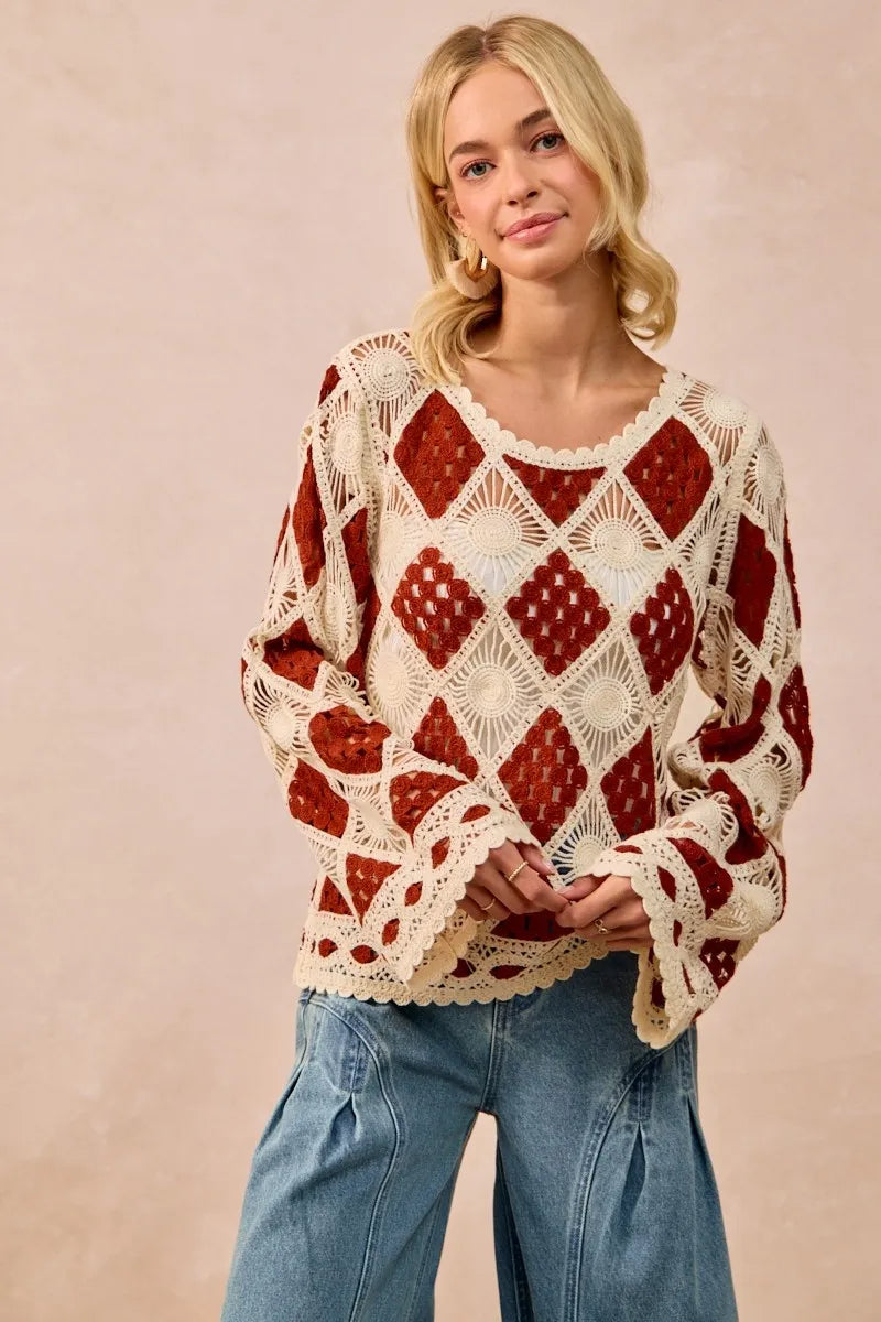 BiBi Diamond Crochet Knit Top OutfitFlow