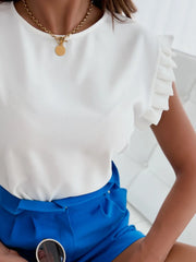 Ruffled Round Neck Cap Sleeve Top OutfitFlow