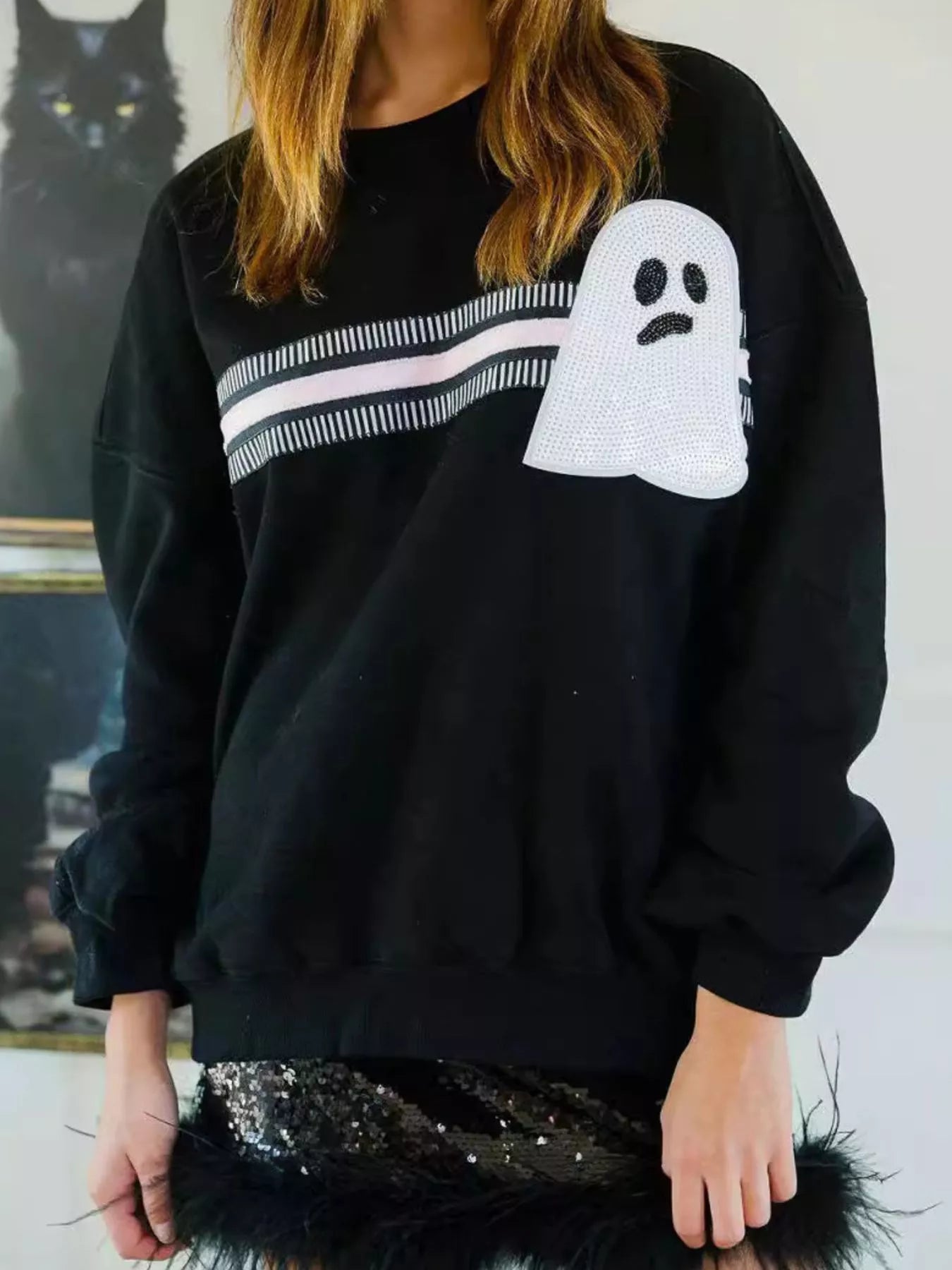 Halloween Sequin Round Neck Sweatshirt OutfitFlow