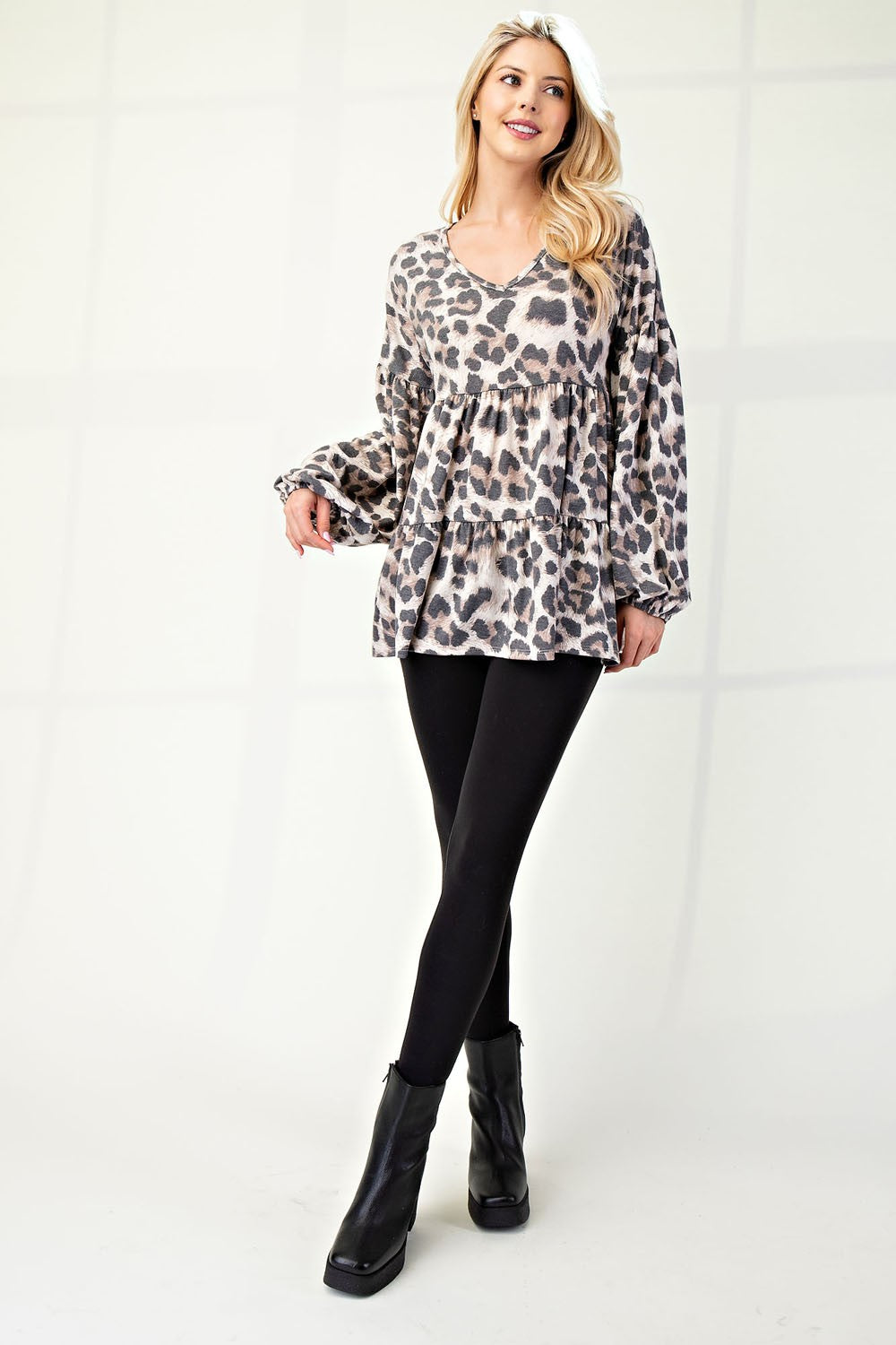 Outfit Flow - Celeste Full Size Leopard V-Neck Balloon Sleeve Blouse