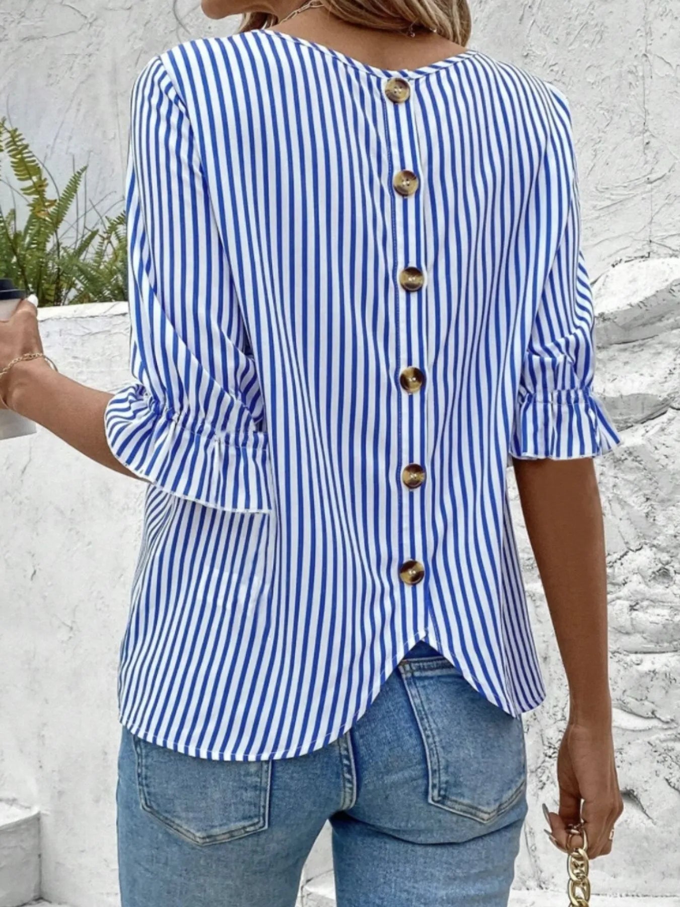 Striped Round Neck Half Sleeve Casual Blouse OutfitFlow
