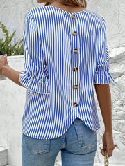 Striped Round Neck Half Sleeve Casual Blouse OutfitFlow