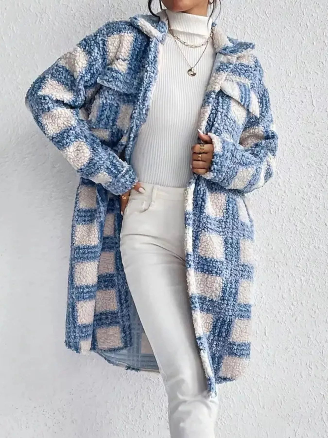 Plaid Button Up Long Sleeve Fleece Coat OutfitFlow