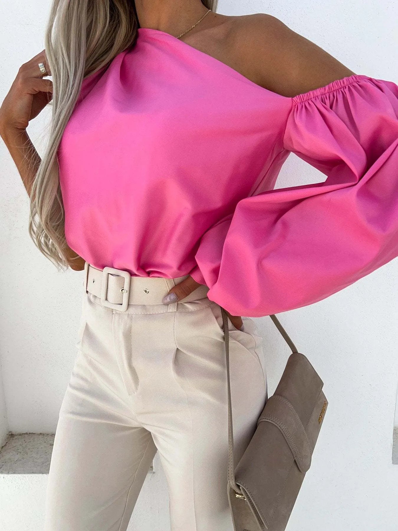 One Shoulder Puff Sleeve Blouse OutfitFlow