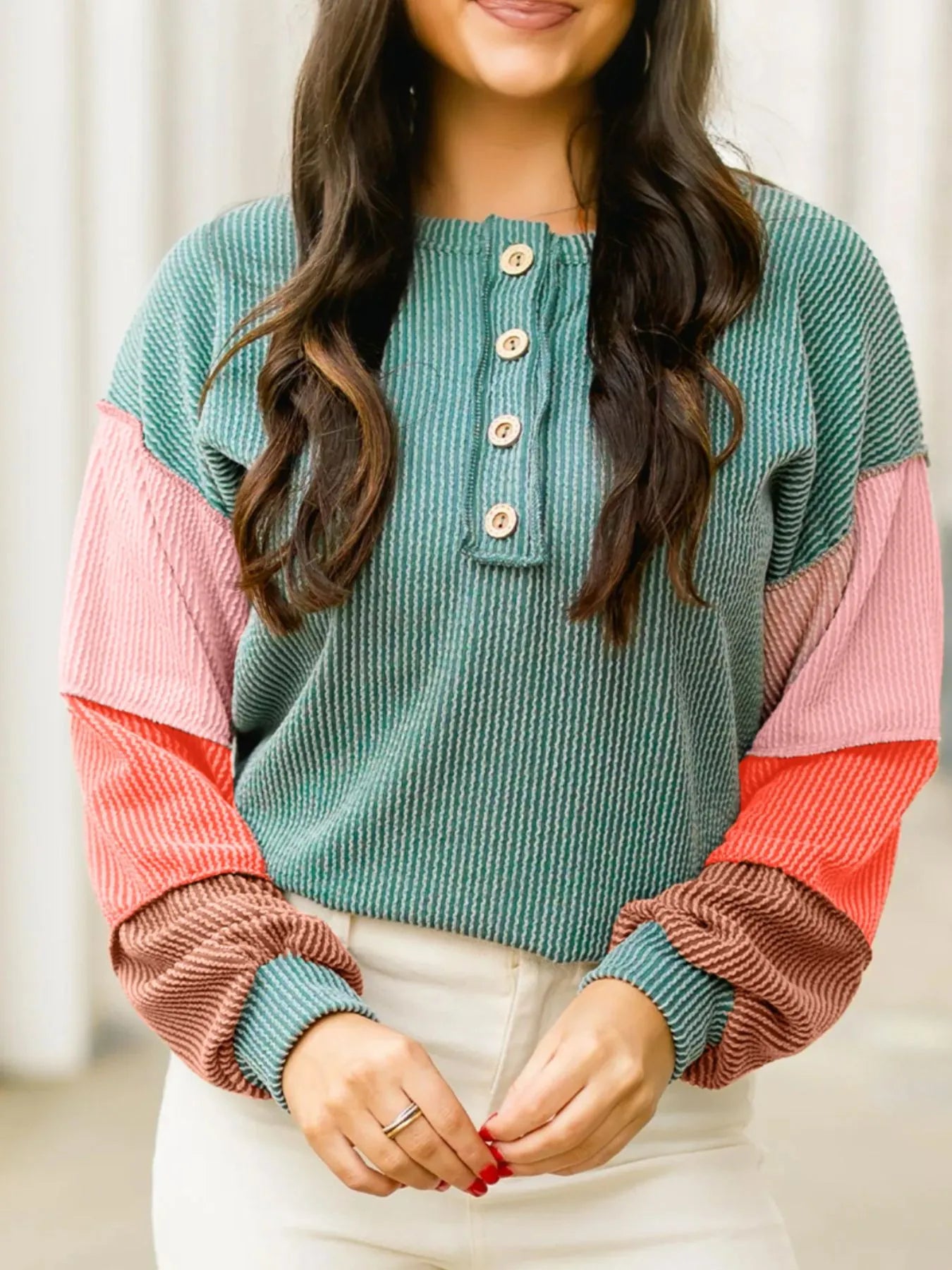 Color Block Ribbed Knit Henley Sweatshirt OutfitFlow