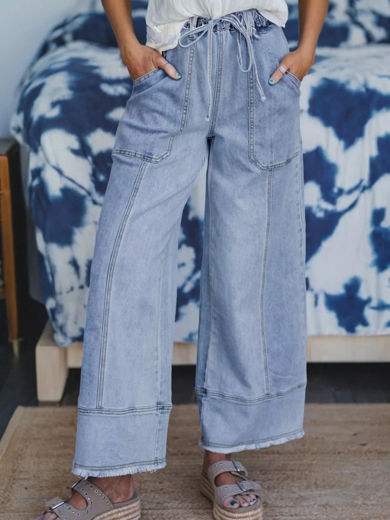Wide Leg Drawstring Raw Hem Jeans Light Blue OutfitFlow