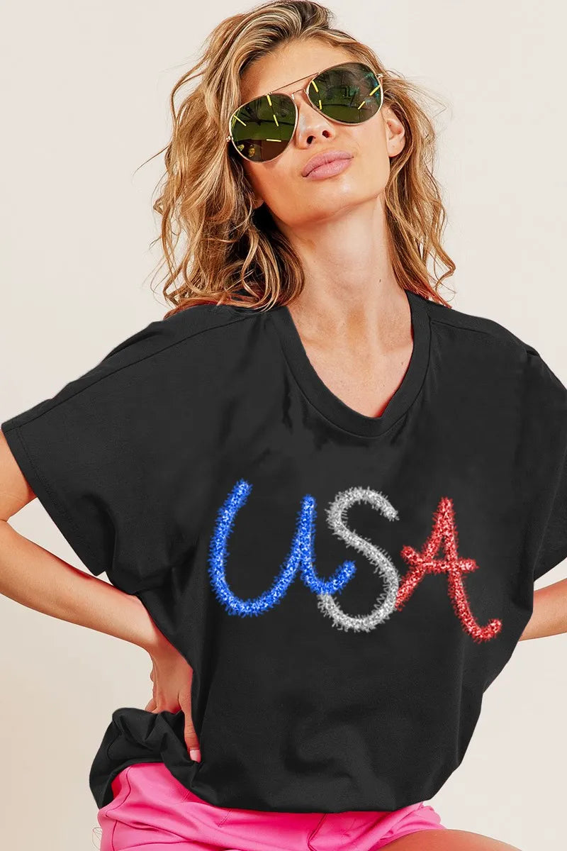 BiBi Metallic Letter Short Dolman Sleeve Top OutfitFlow