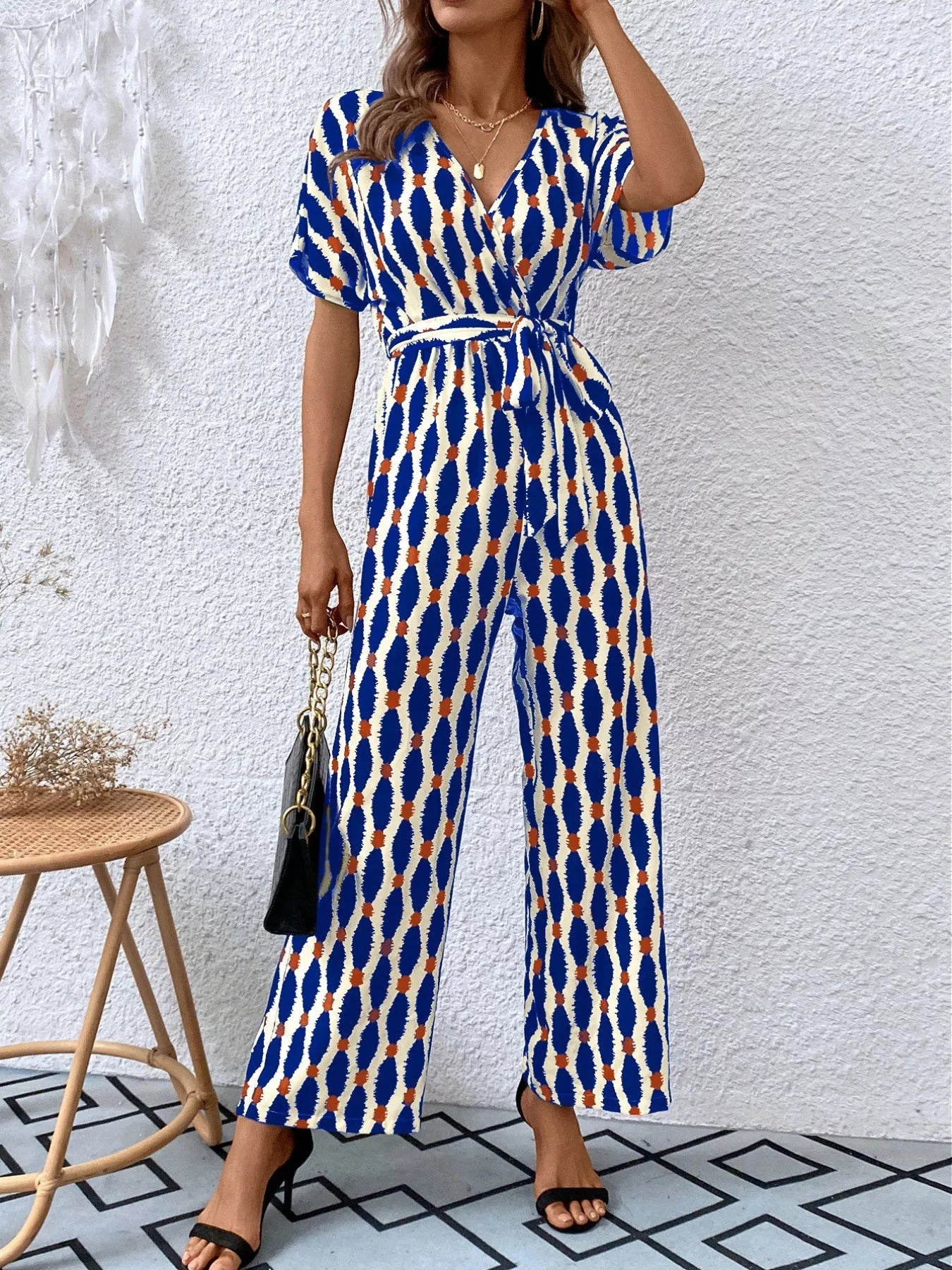 Printed Surplice Tie Waist Short Sleeve Jumpsuit OutfitFlow