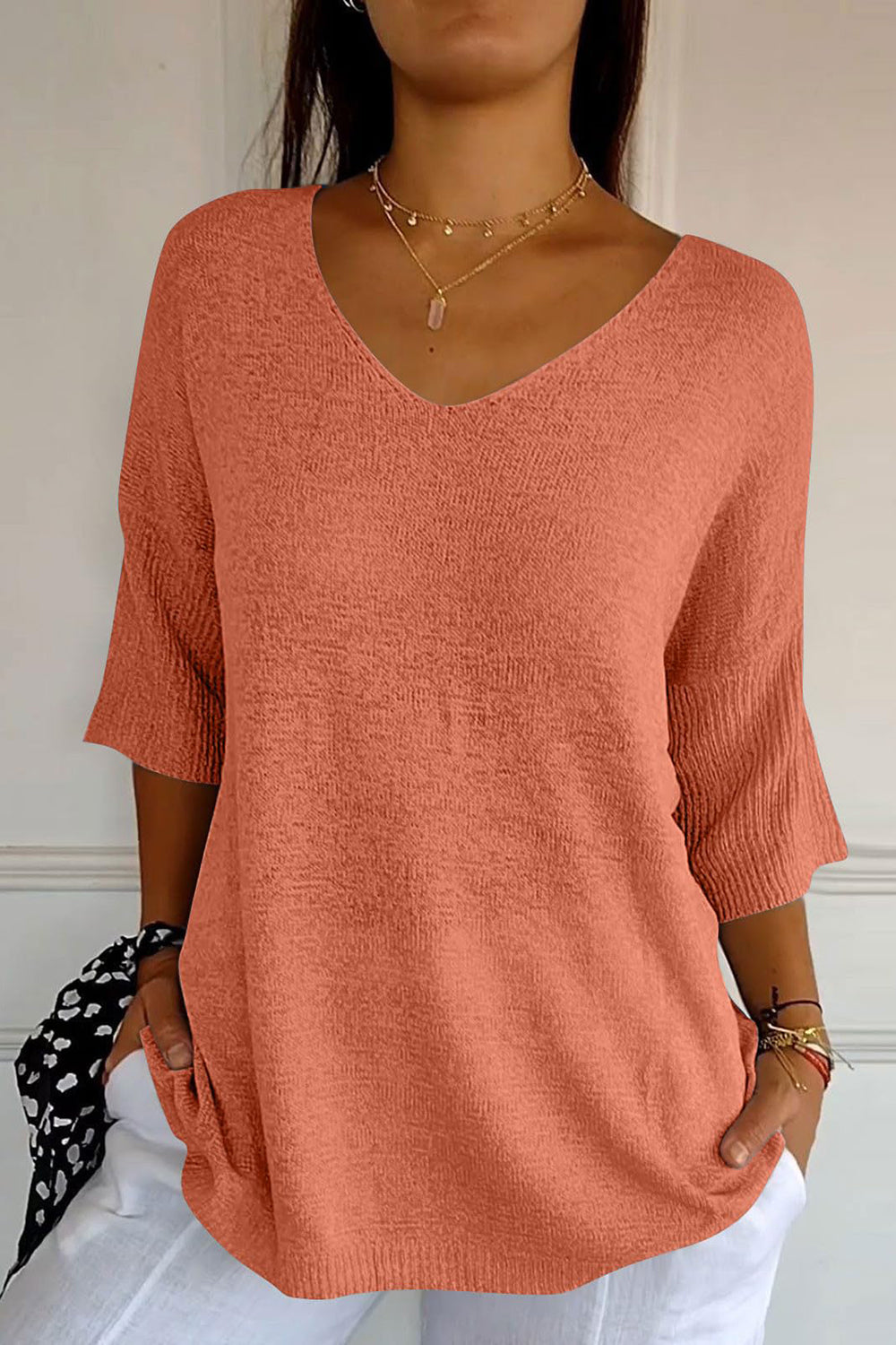 Outfit Flow - V-Neck Three-Quarter Sleeve Knit Top