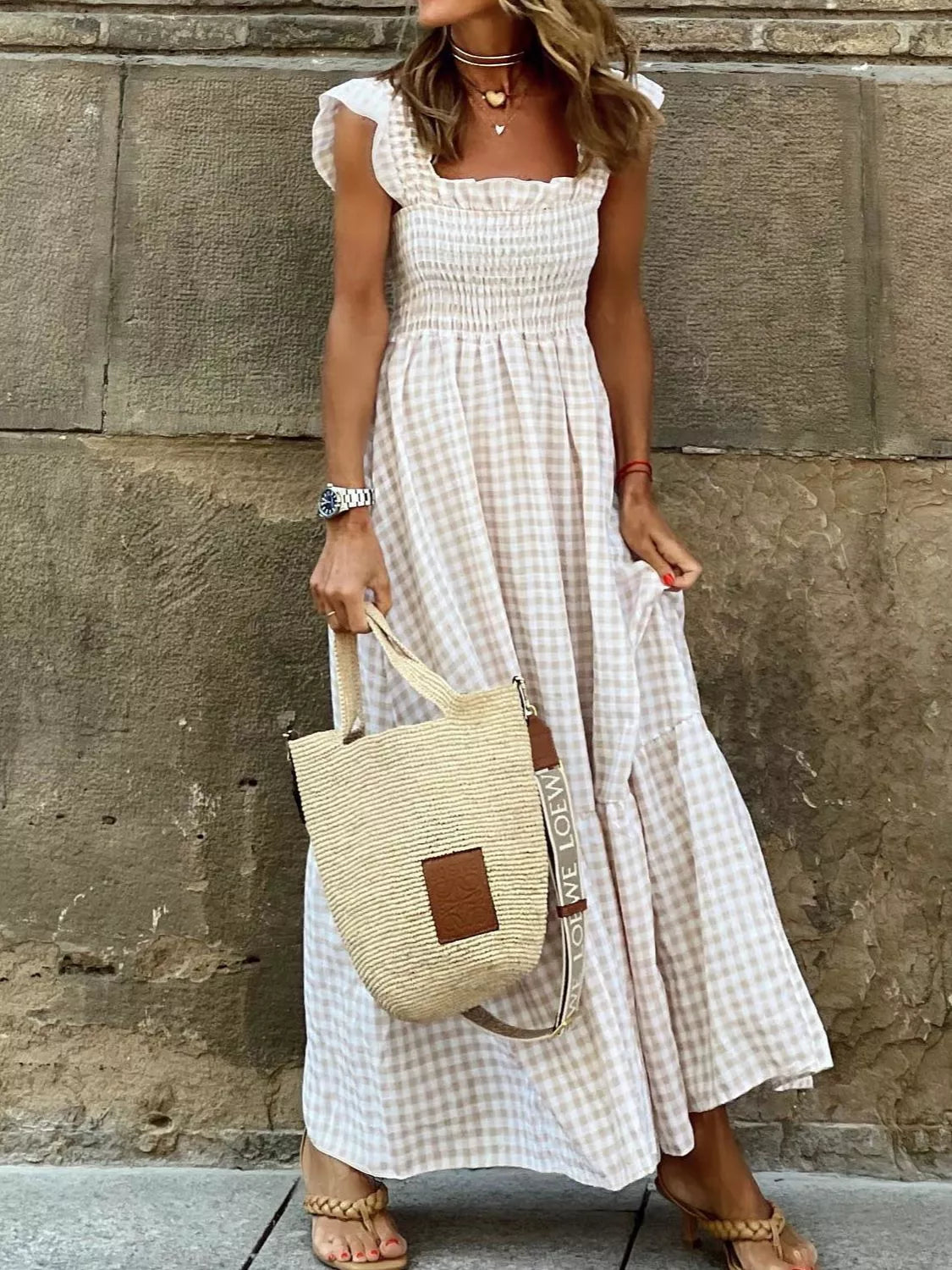 Full Size Gingham Smocked Ruffle Maxi Dress Plus Size White OutfitFlow