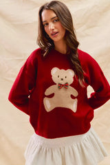 SO ME Teddy Bear With Check Ribbon Christmas Sweater OutfitFlow