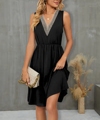 V-Neck Sleeveless Midi Dress with Lace Trim Black OutfitFlow