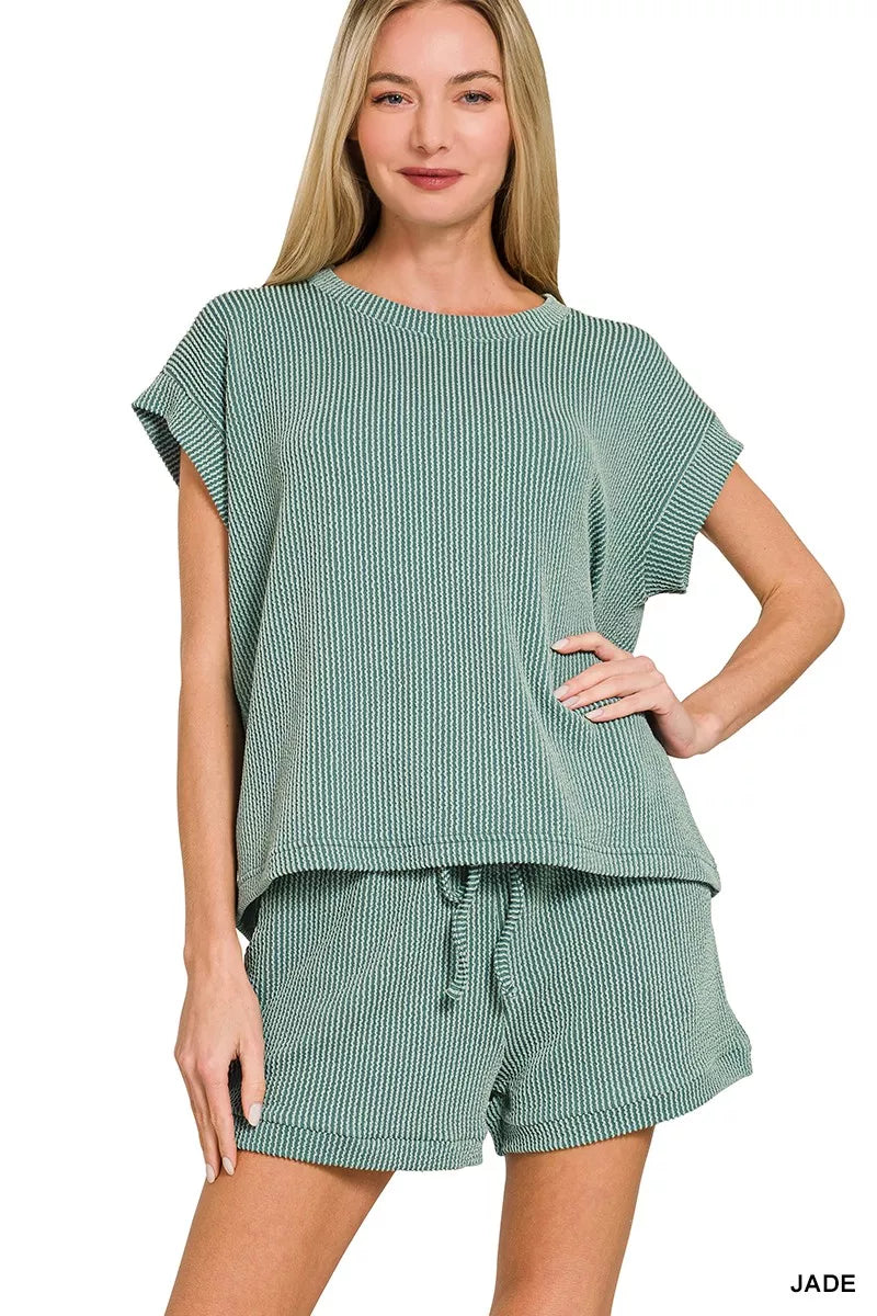 Zenana Raised Rib Cap Sleeve Top & Shorts Set JADE OutfitFlow