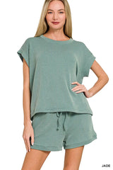 Zenana Raised Rib Cap Sleeve Top & Shorts Set JADE OutfitFlow