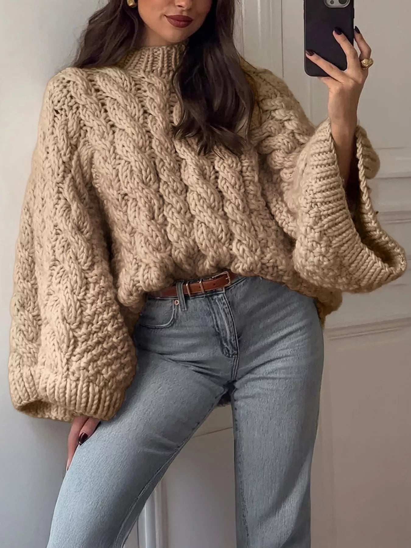 Cable Knit Round Neck Sweater OutfitFlow