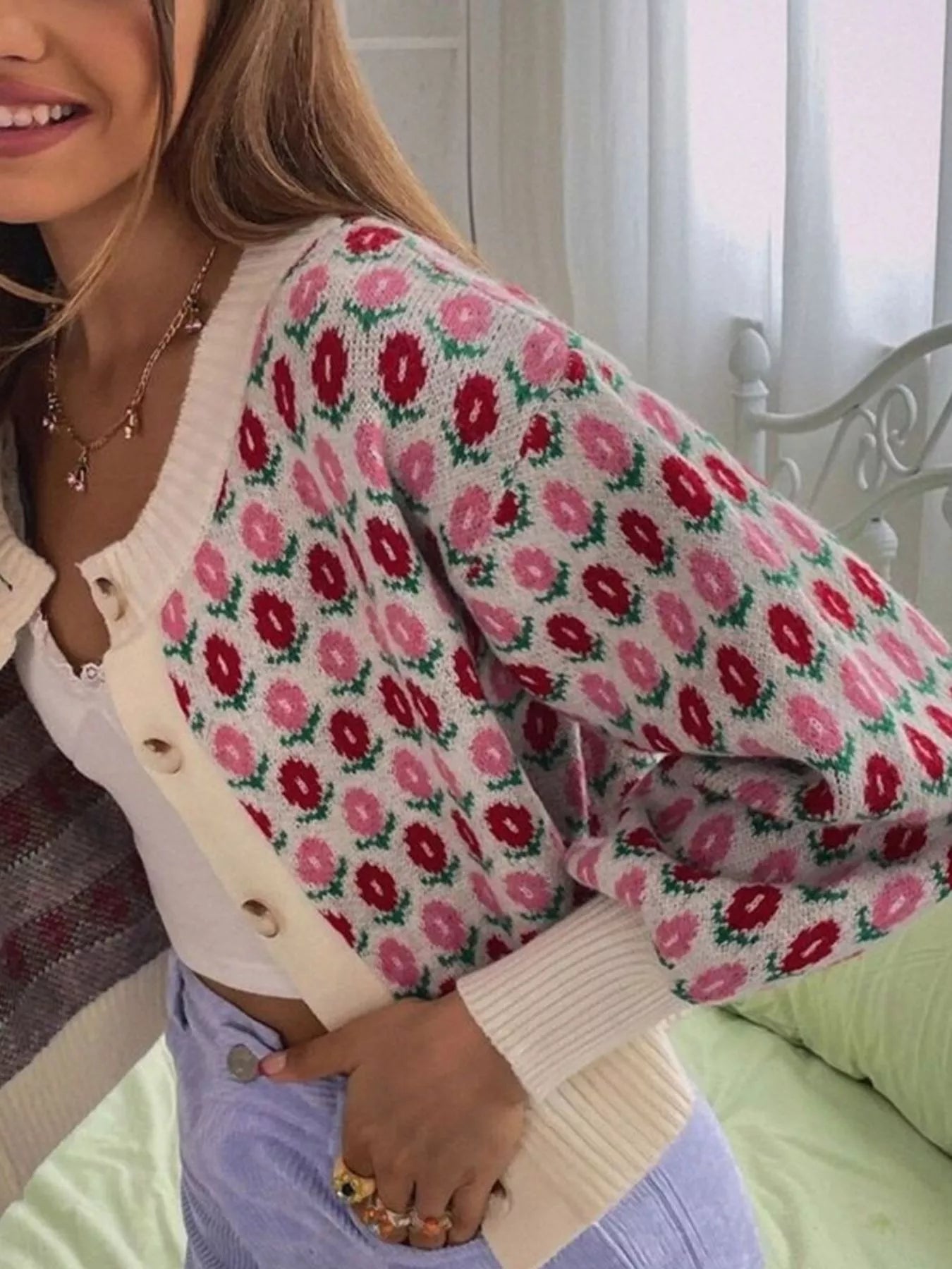 Floral Button Up Long Sleeve Cardigan OutfitFlow