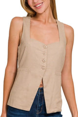 Zenana Linen Tie-back 4-button Vest with Lining OutfitFlow