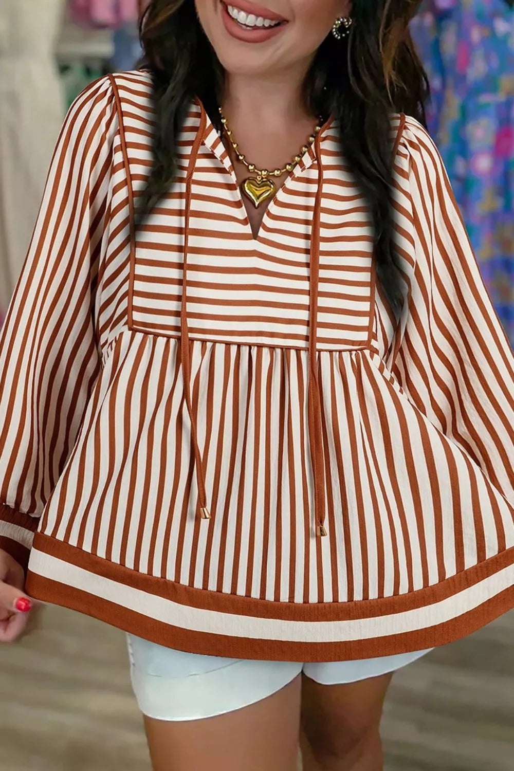 Stripe Babydoll Long Sleeve Blouse Trendsi