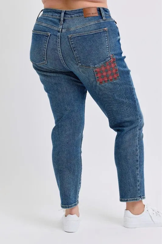 Judy Blue Full Size HW Plaid Patch Slim Fit Jeans Plus Size OutfitFlow