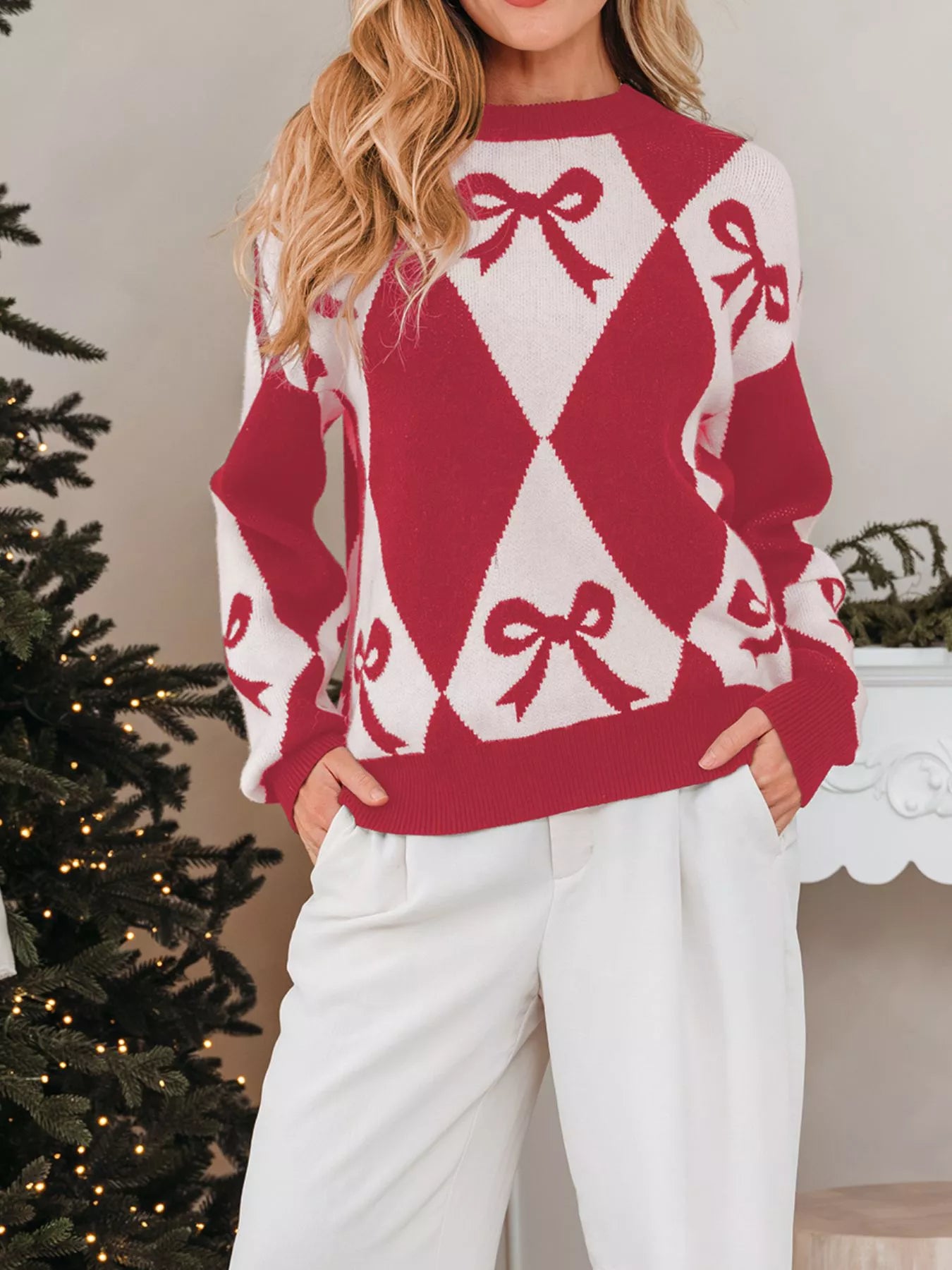 Bow Print 2-Tone Rhombus Knit Loose Sweater Rust Trendsi