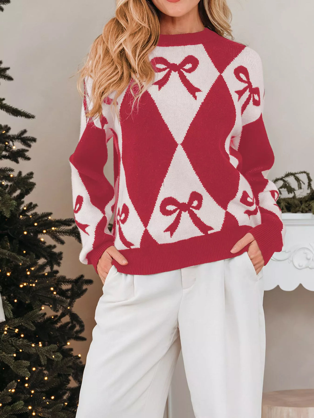 Bow Print 2-Tone Rhombus Knit Loose Sweater Rust Trendsi