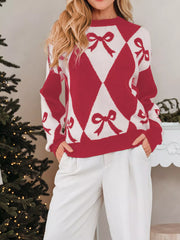 Bow Print 2-Tone Rhombus Knit Loose Sweater Rust Trendsi
