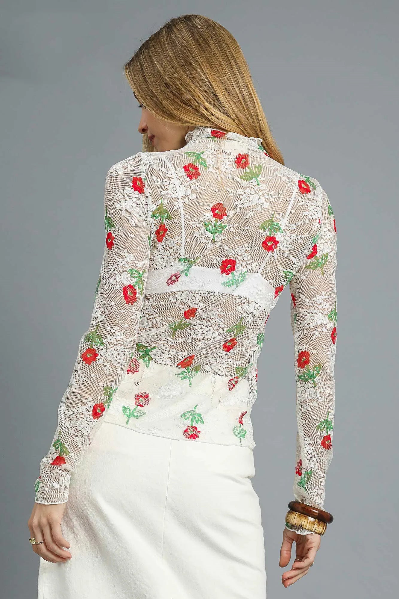 Umgee Floral Mock Neck Long Sleeve Sheer Top OutfitFlow