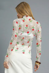 Umgee Floral Mock Neck Long Sleeve Sheer Top OutfitFlow
