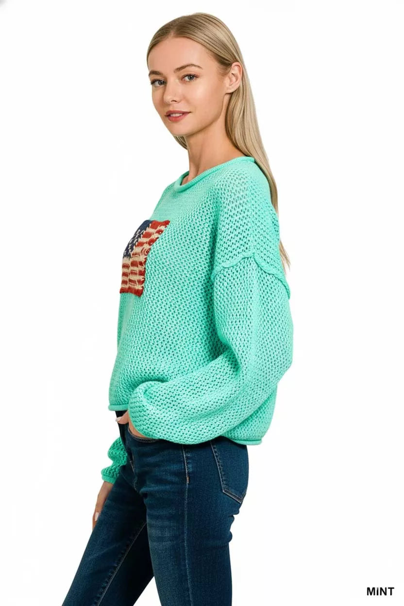 Zenana American Flag Crew Neck Sweater Trendsi