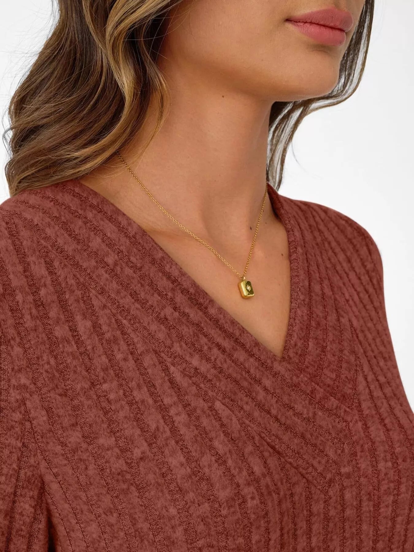 Ribbed Knit V-Neck Long Sleeve T-Shirt OutfitFlow