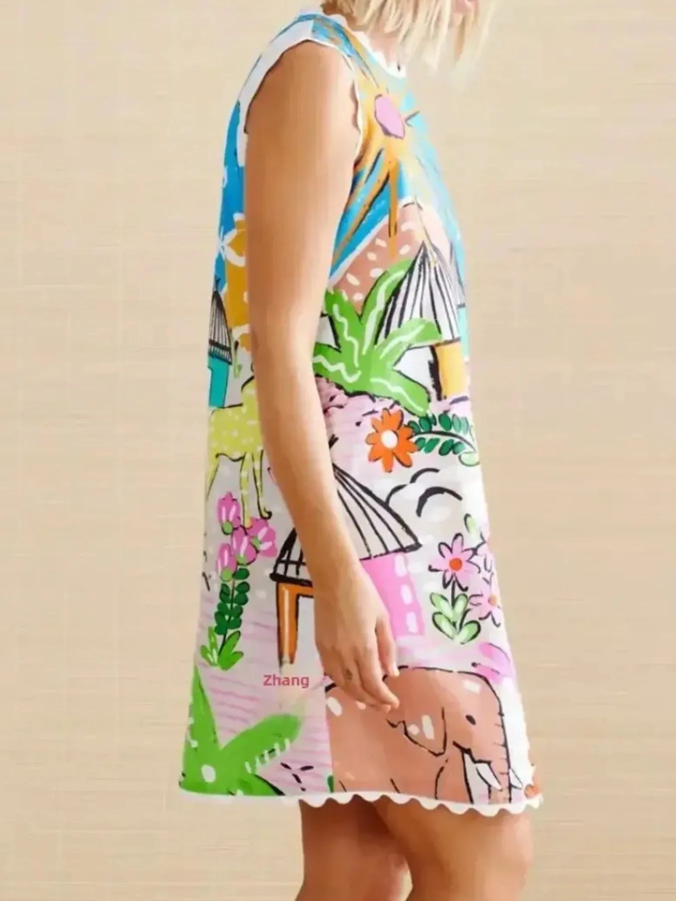 Printed Round Neck Sleeveless Mini Dress OutfitFlow