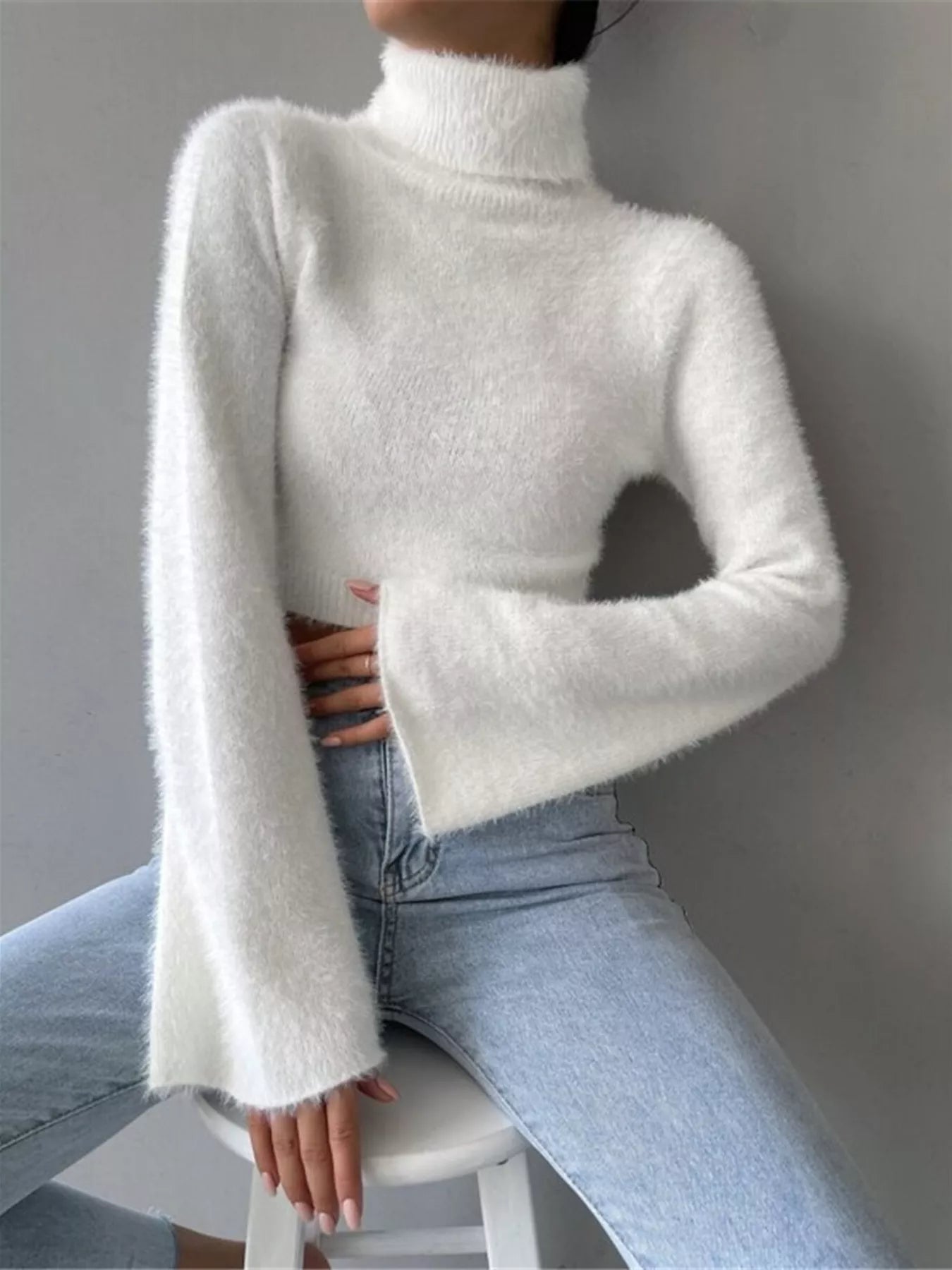 Turtleneck Flare Sleeve Sweater OutfitFlow