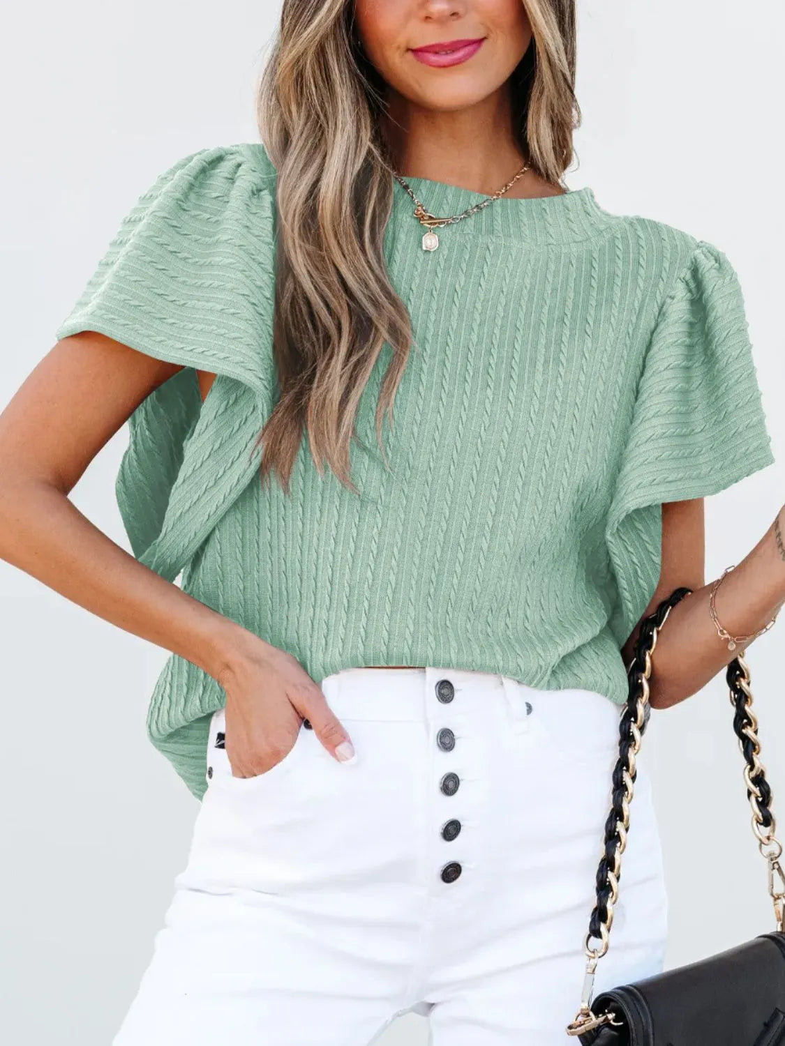 Round Neck Ruffle Sleeve Top Gum Leaf OutfitFlow