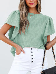 Round Neck Ruffle Sleeve Top Gum Leaf OutfitFlow