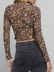 Leopard Mock Neck Long Sleeve Sheer Top OutfitFlow