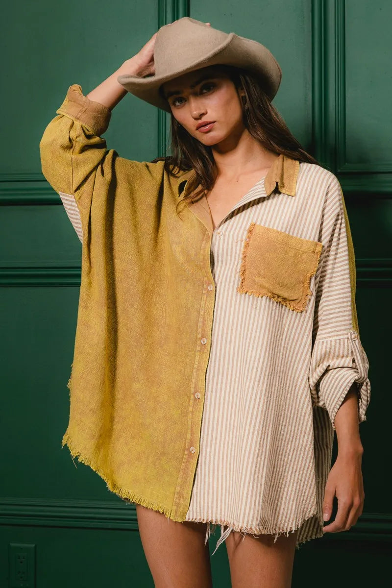 BiBi Washed Raw Hem Shirt OutfitFlow