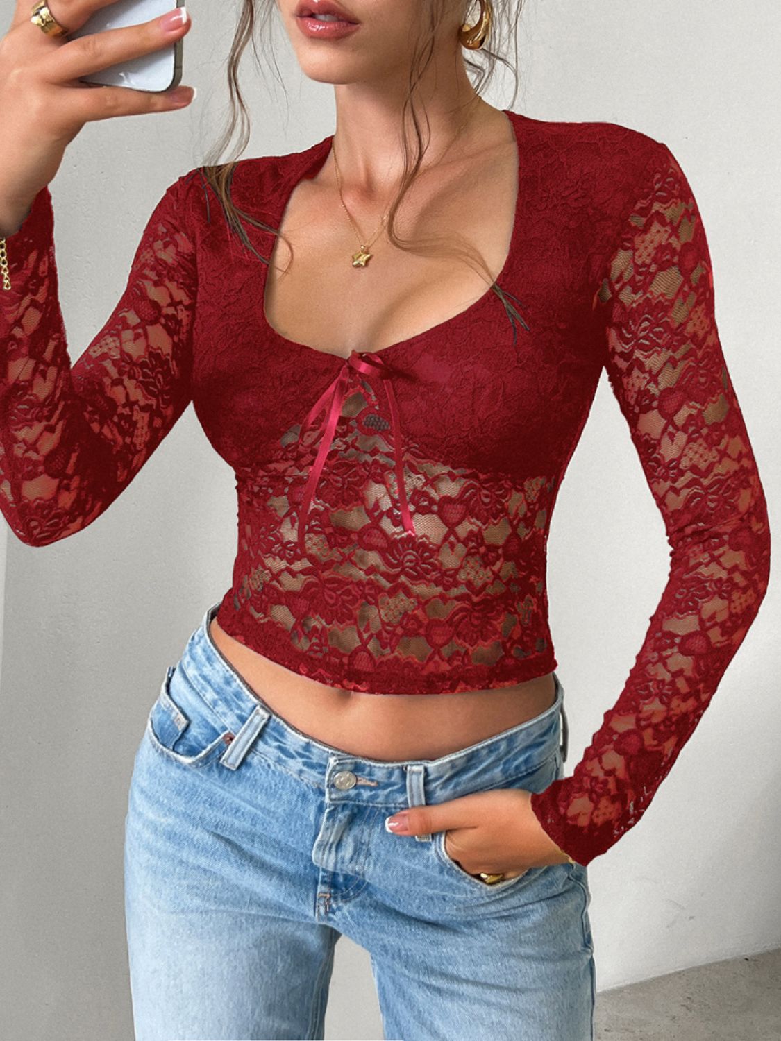 Outfit Flow - Devine Scoop Neck Long Sleeve Lace Top