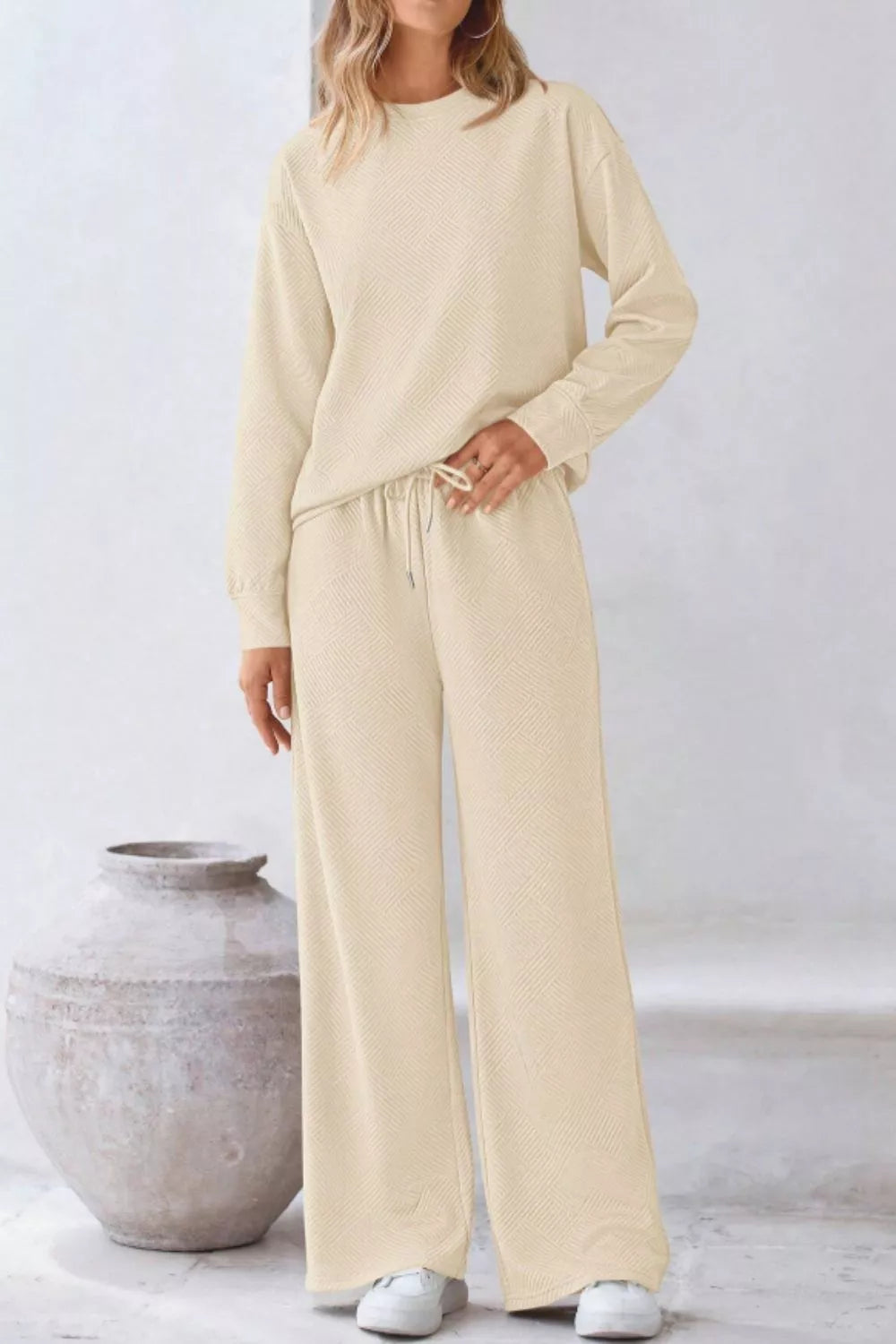 Round Neck Long Sleeve Top and Pants Set OutfitFlow