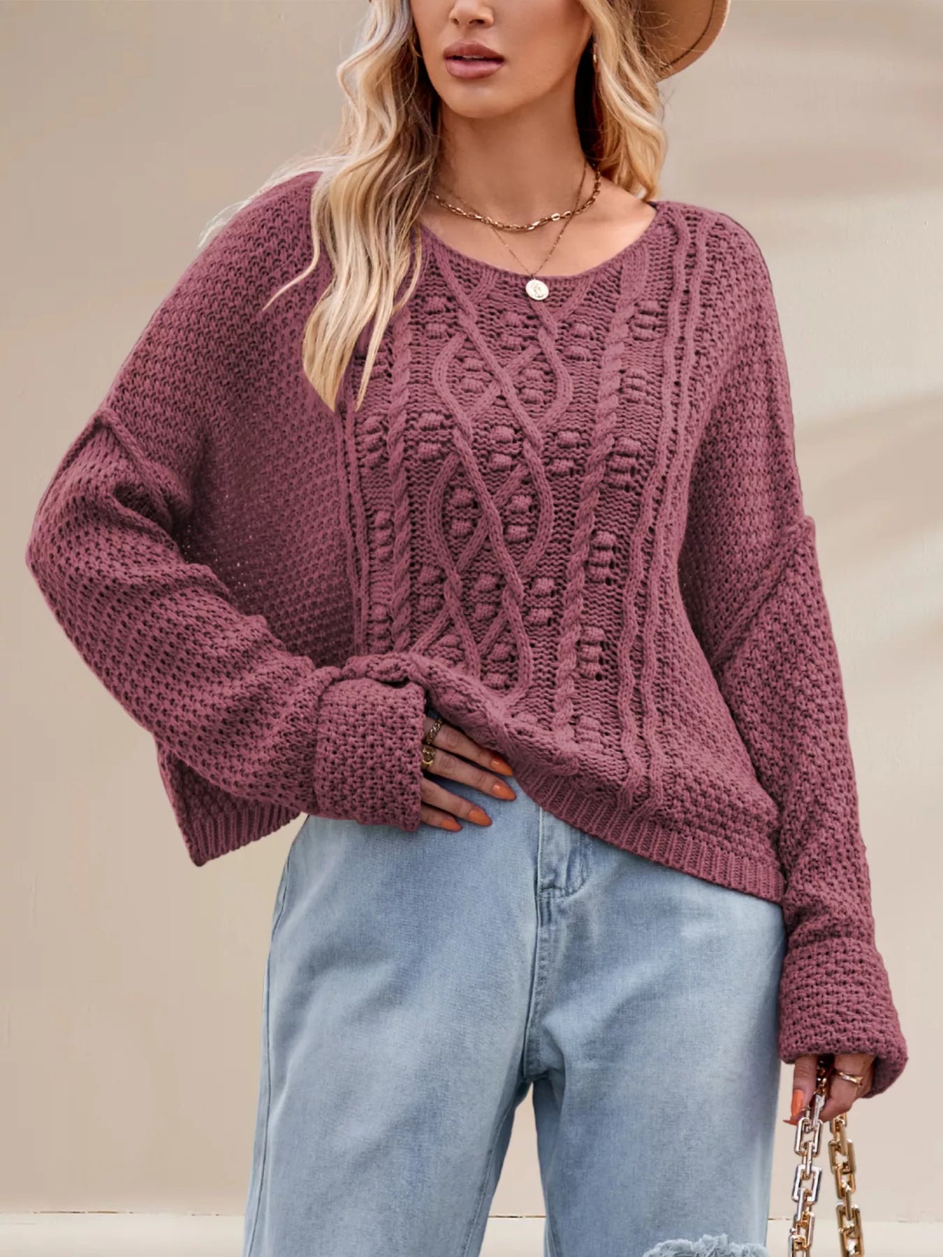 Textured Knit Round Neck Sweater Cerise OutfitFlow