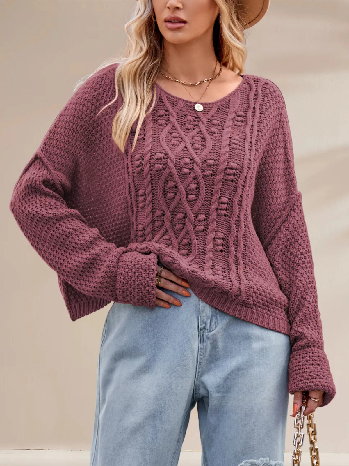 Textured Knit Round Neck Sweater Cerise OutfitFlow