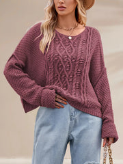 Textured Knit Round Neck Sweater Cerise OutfitFlow