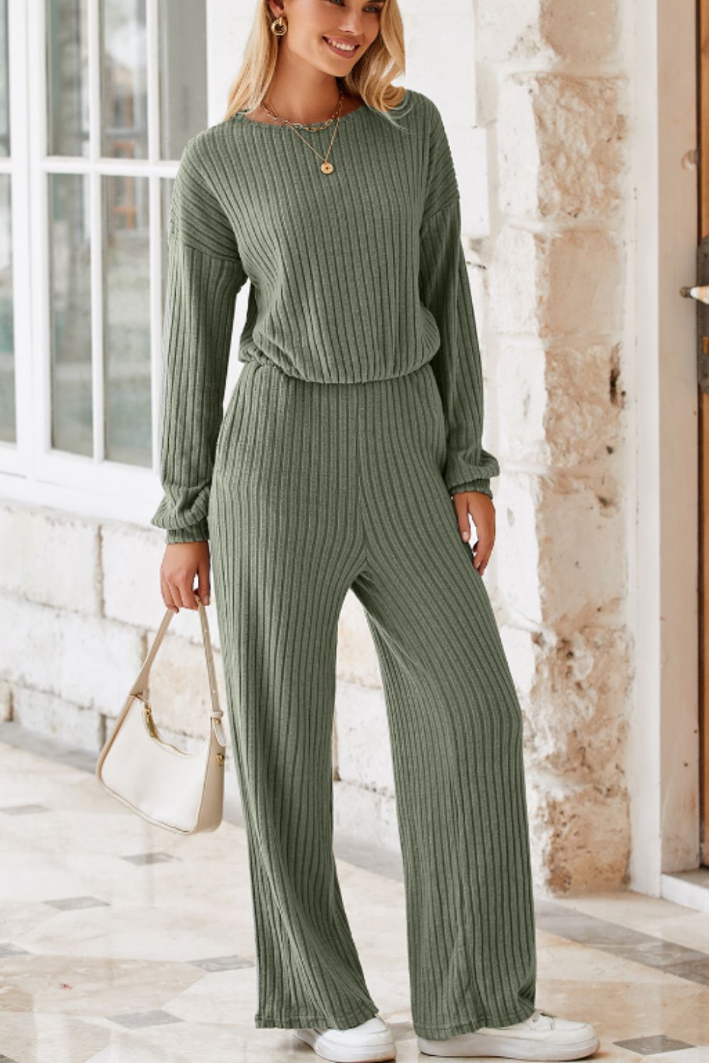 Outfit Flow - Round Neck Long Sleeve Jumpsuit